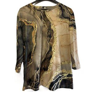 Women’s XL Neutral Print Long Sleeve Tee – Beige/Black/Brown Abstract Top